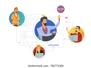 User experience. Team of specialists, web studio, in the process of creating an interface. ?artoon character. ?reation of wireframes for web interfaces. Modern vector illustration for web, print .