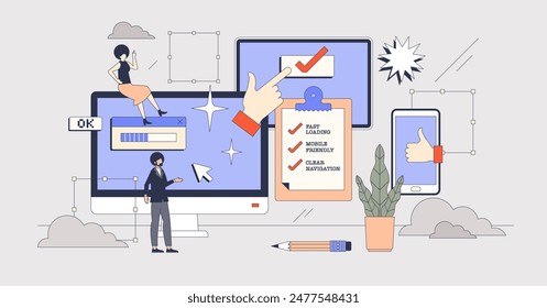 User experience or UX best website practices tiny person neubrutalism concept. Application interface for various devices with fast loading time, responsiveness or clear navigation vector illustration