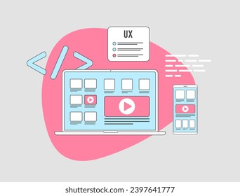 User Experience UX Design coding concept. Mobile and App Development. Responsive UI, Microinteractions, Voice User Interface, AI Integration, Personalization, Sustainability and Accessibility