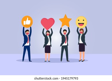 User experience vector concept: Businesspeople showing symbol of best rating user experience while wearing face mask in new normal