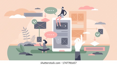 User experience vector illustration. Customer satisfaction and feedback analysis process flat tiny persons concept. Web service and application optimization after client survey and suggestions review.