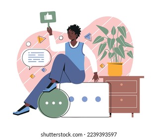 User experiences concept. Young smiling man holding sign with thumbs up and giving positive feedback or comment. Rating or review of product or service quality. Cartoon flat vector illustration