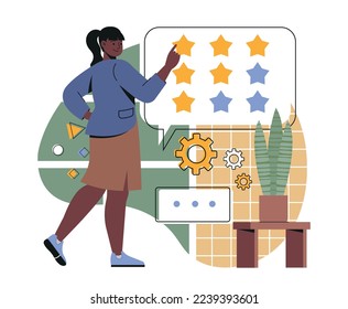 User experiences concept. Young smiling woman shares positive feedback. Rating or review of goods or products. Satisfied customer puts stars. Cartoon flat vector illustration in simple style