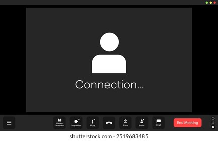 Um usuário está enfrentando problemas de conexão durante uma reunião virtual, mostrada pela interface de carregamento e pelo espaço reservado para o vídeo do participante.