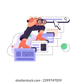 User explore online content in browser concept. People make search request, browsing web pages, scrolling, surfing internet. Girl watching in binocular. Flat isolated vector illustration on white