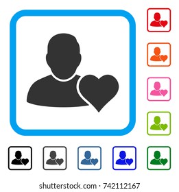 User Favourites Heart icon. Flat gray iconic symbol in a light blue rounded squared frame. Black, gray, green, blue, red, orange color additional versions of User Favourites Heart vector.