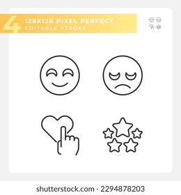Comentarios del usuario sobre el conjunto de iconos lineales perfectos de píxeles de servicio. Reacciones y evaluación de negocios. Símbolos de línea delgada personalizables. Ilustraciones aisladas del contorno vectorial. Trazo editable