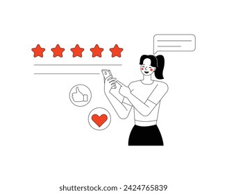 User feedback concept. Woman gives five star rating on phone app online service character outline flat and minimal vector illustration design style.