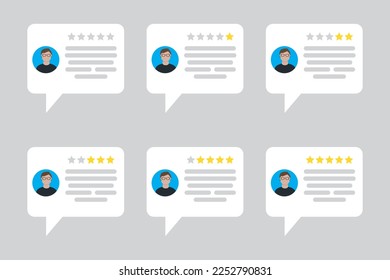 User feedback. Customer star review rating. card with message person rating. Client comment. Vector illustration.