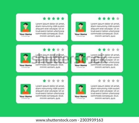 User feedback. Customer star review rating card with message person rating. Client comment. Vector illustration