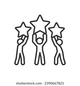 Comentarios del usuario, icono lineal. Gente portando estrellas. Línea con trazo editable