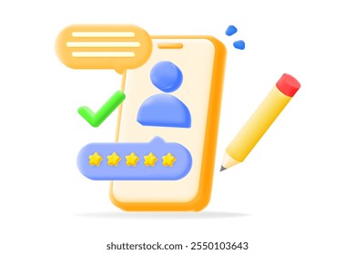 User feedback a mobile screen with profile, chat bubbles, star rating, and a pencil. review systems, customer experience, or app evaluation designs. 3d vector illustration