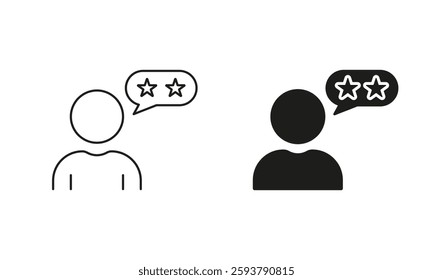 User Feedback Pictogram. Best Quality Service Sign. Customer Review Line and Silhouette Icon Set. Consumer Rating. Person With Stars Symbol. Editable Stroke. Isolated Vector Illustration.