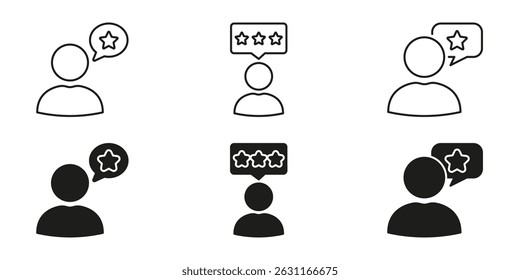 User Feedback And Rating Icons Set. Customer Review And Star Rating Outline And Silhouette Symbol Collection. User Experience And Satisfaction Evaluation. Isolated Vector Illustration.