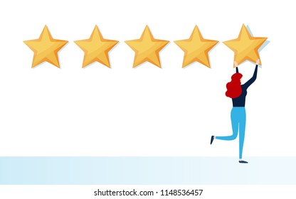 User feedback review scroll. Customer giving five star rating. Flat cartoon illustration vector graphic on white background.