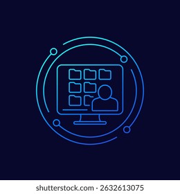 User files, personal data in folders icon with a computer, linear design