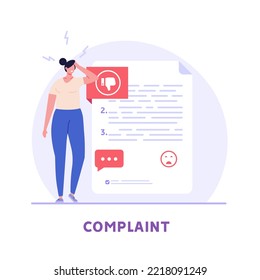 User filling complaint form. Client giving negative feedback at rating scale. Concept of bad review, negative feedback, complaint, dislike. Bad user experience. Vector illustration flat design