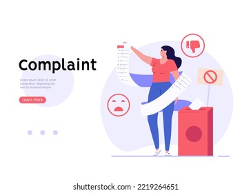 User filling complaint form. Client giving negative feedback at rating scale. Concept of bad review, negative feedback, complaint, dislike. Bad user experience. Vector illustration flat design