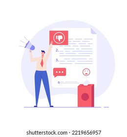 User filling complaint form. Client giving negative feedback at rating scale. Concept of bad review, negative feedback, complaint, dislike. Bad user experience. Vector illustration flat design