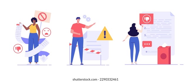 User filling complaint form. Client giving negative feedback at rating scale. Set of bad review, negative feedback, complaint, dislike. Bad user experience. Vector illustration collection flat design