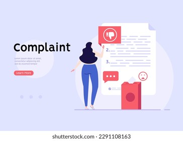 User filling complaint form. Client giving negative feedback at rating scale. Concept of bad review, negative feedback, complaint, dislike. Bad user experience. Vector illustration flat design