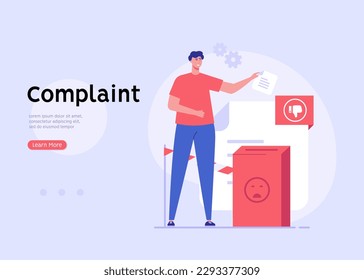User filling complaint form. Client giving negative feedback at rating scale. Concept of bad review, negative feedback, complaint, dislike. Bad user experience. Vector illustration flat design