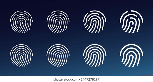 User finger scan icon set. Fingerprint touch biometric id symbol. Modern account thumbprint identification security sign collection. User recognition scanner badge. Glowing linear vector eps logo