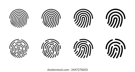 User finger scan icon set. Fingerprint touch biometric id symbol collection. Modern account thumbprint identification security sign. User recognition scanner badge. Black linear isolated vector logo