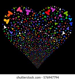 User fireworks with heart shape. Vector illustration style is flat bright multicolored iconic symbols on a black background. Object heart combined from scattered symbols.