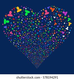 User fireworks with heart shape. Vector illustration style is flat bright multicolored iconic symbols on a blue background. Object salute combined from confetti design elements.