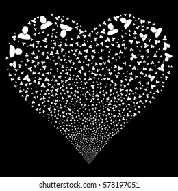 User fireworks with heart shape. Vector illustration style is flat white iconic symbols on a black background. Object stream constructed from scattered pictograms.