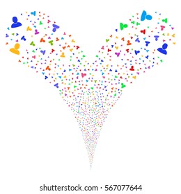 User fireworks stream. Vector illustration style is flat bright multicolored iconic symbols on a white background. Object double fountain organized from random design elements.