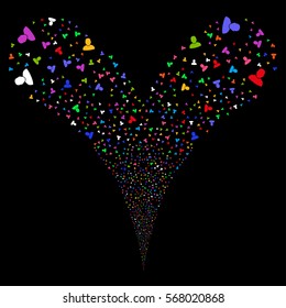 User fireworks stream. Vector illustration style is flat bright multicolored iconic symbols on a black background. Object double fountain organized from random pictographs.