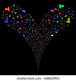 User fireworks stream. Vector illustration style is flat bright multicolored iconic symbols on a black background. Object double fountain done from random pictographs.