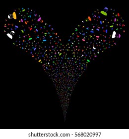 User fireworks stream. Vector illustration style is flat bright multicolored iconic symbols on a black background. Object double fountain constructed from random icons.