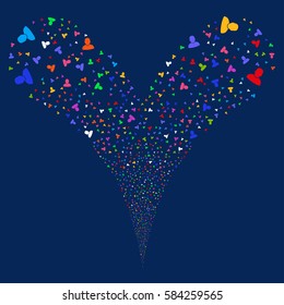 User fireworks stream. Vector illustration style is flat bright multicolored iconic symbols on a blue background. Object double fountain combined from random symbols.