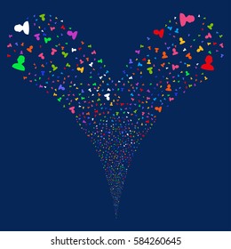 User fireworks stream. Vector illustration style is flat bright multicolored iconic symbols on a blue background. Object double fountain constructed from random icons.