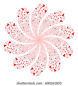 User fireworks swirl flower with ten petals. Vector illustration style is flat red scattered symbols. Object twirl made from random pictographs.