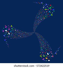 User fireworks swirl rotation. Vector illustration style is flat bright multicolored iconic symbols on a blue background. Object whirlpool combined from random pictograms.