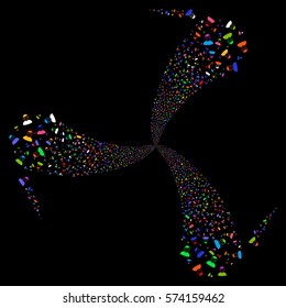 User fireworks swirl rotation. Vector illustration style is flat bright multicolored iconic symbols on a black background. Object spiral organized from random symbols.