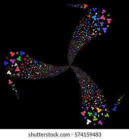 User fireworks swirl rotation. Vector illustration style is flat bright multicolored iconic symbols on a black background. Object spiral done from random symbols.