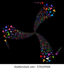 User fireworks swirl rotation. Vector illustration style is flat bright multicolored iconic symbols on a black background. Object spiral created from random pictographs.