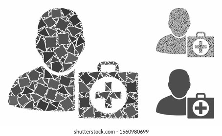 User first aid mosaic of rugged elements in various sizes and shades, based on user first aid icon. Vector trembly elements are grouped into collage. User first aid icons collage with dotted pattern.
