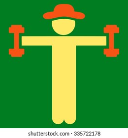 User Fitness vector icon. Style is bicolor flat symbol, orange and yellow colors, rounded angles, green background.