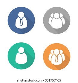 User flat design icon set. Office workers avatars round long shadow symbols. Teamwork and people group. Partnership and cowork. Boss and employee silhouette illustrations. Vector infographics elements