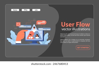 User Flow concept. Hand navigates digital pathway with diverse users, mapping out seamless interactions. Guided journey, interactive design, optimal user experience. Flat vector illustration