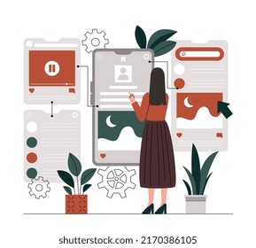 User Flow Concept. Woman Evaluates Statistics Of Page Using Graphs And Diagram, Girl Analyzes Number Of Website Visitors. SEO Specialist And Promotion On Internet. Cartoon Flat Vector Illustration