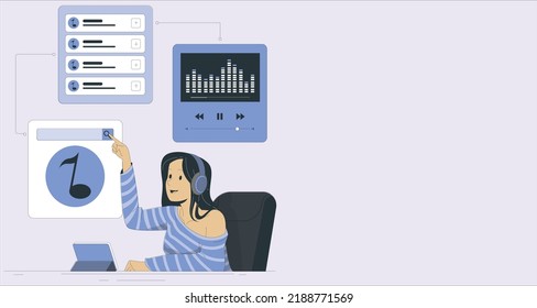 User Flow Concept. Woman Evaluates Statistics Of Page Using Graphs And Diagram, Girl Analyzes Number Of Website Visitors. Using Website Flowchart Sitemap Connecting, Working Algorithm And Navigation