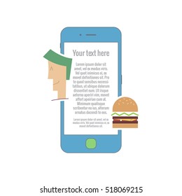 User and food concept. Man getting burger through app. Get burger through mobile phone concept. Creative vector illustration