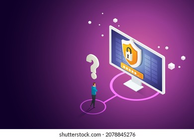 User forgot password in the login account protection security system on the computer screen. isometric vector illustration.